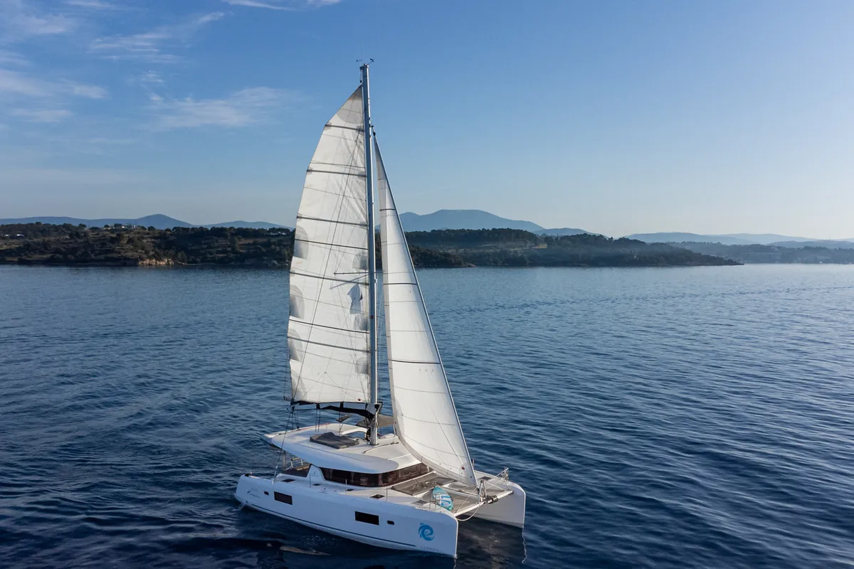 Exterior view of AURA, a Lagoon 42 catamaran at Kranidi, Greece