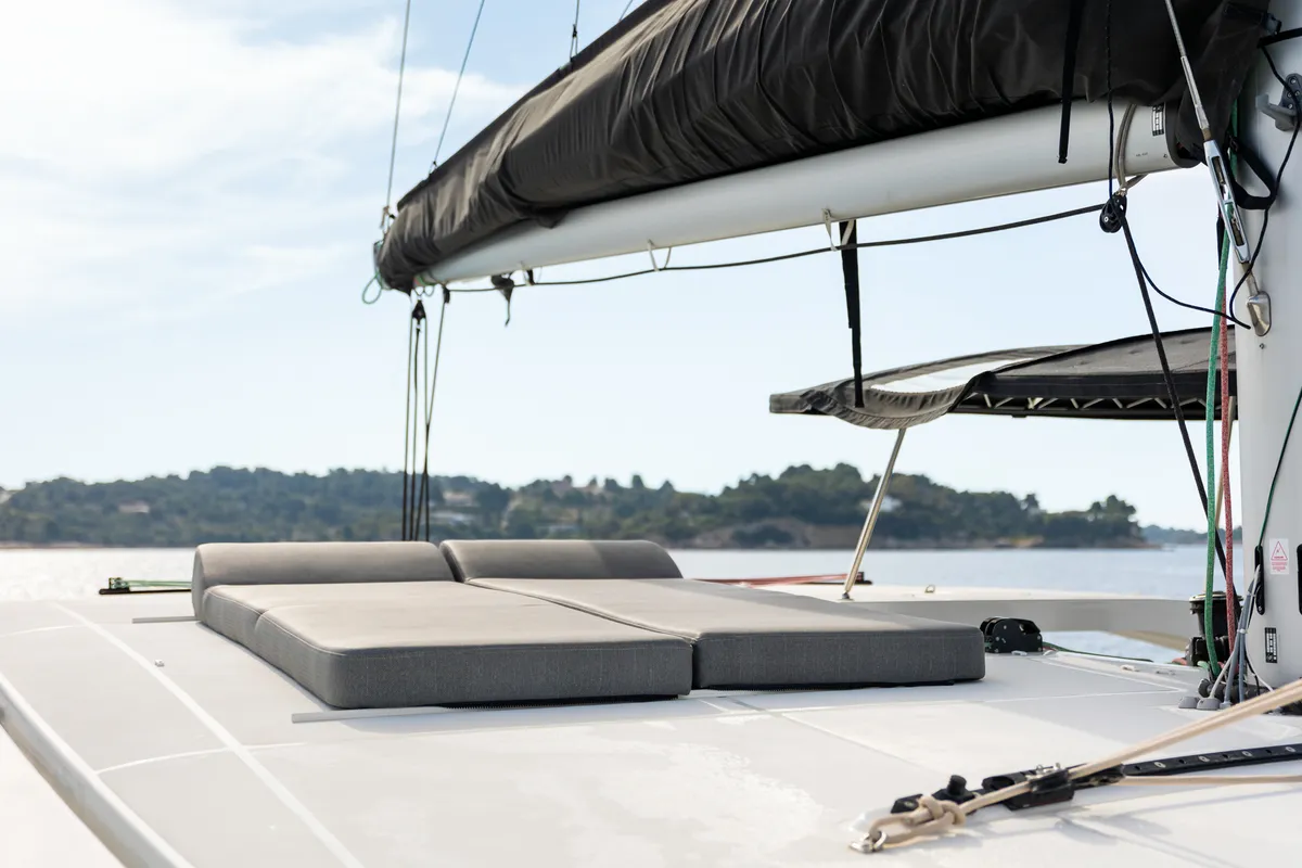 Deck of AURA, a Lagoon 42 catamaran at Kranidi, Greece