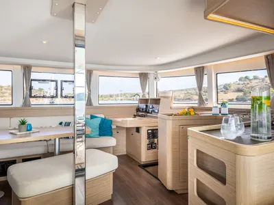 Salon of AURA, a Lagoon 42 catamaran at Kranidi, Greece