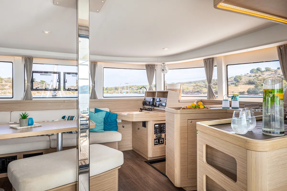 Salon of AURA, a Lagoon 42 catamaran at Kranidi, Greece