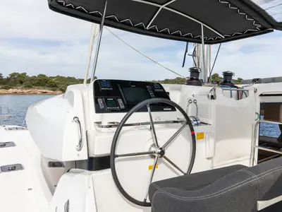 Cockpit of AURA, a Lagoon 42 catamaran at Kranidi, Greece