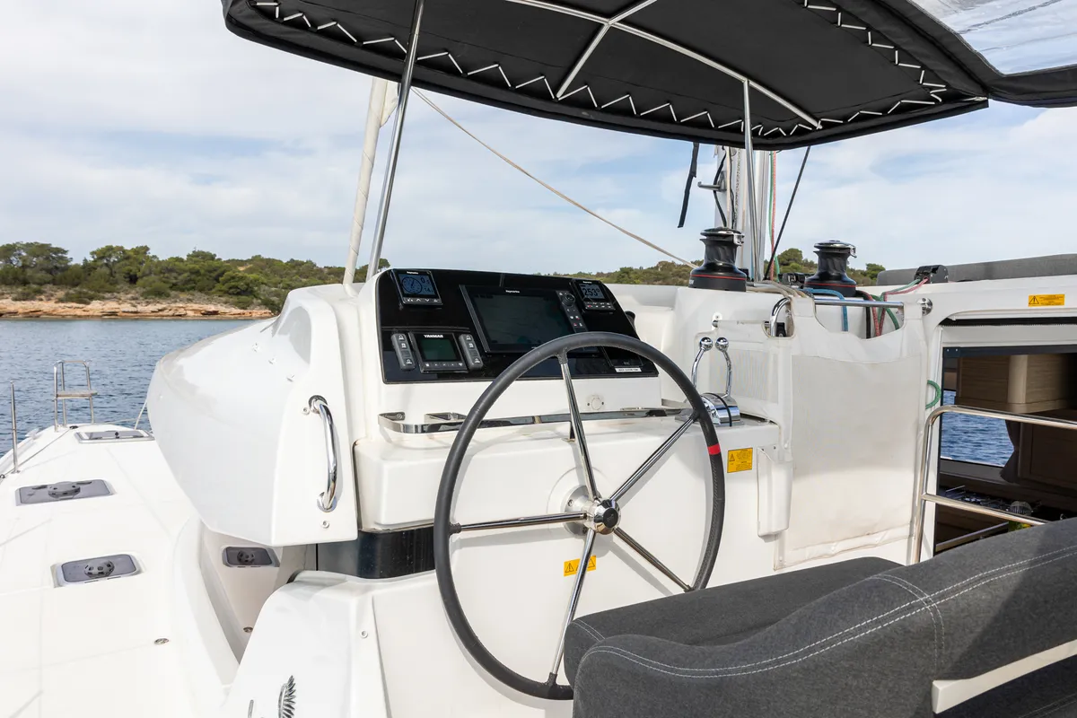 Cockpit of AURA, a Lagoon 42 catamaran at Kranidi, Greece