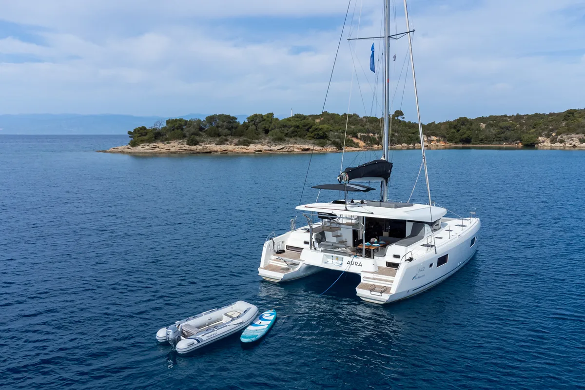 Exterior view of AURA, a Lagoon 42 catamaran at Kranidi, Greece