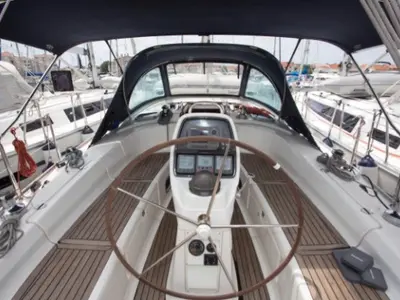 Cockpit of Mr Bojangles, a Bavaria 38 sailboat at Municipal Unit of Palairos, Greece