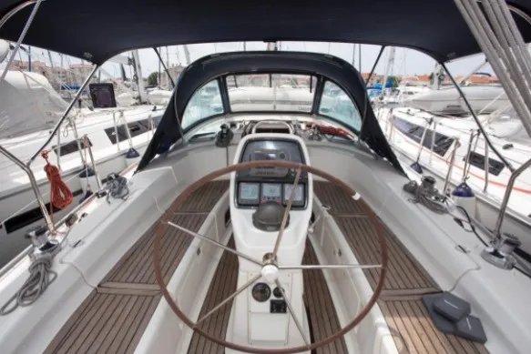 Cockpit of Mr Bojangles, a Bavaria 38 sailboat at Municipal Unit of Palairos, Greece