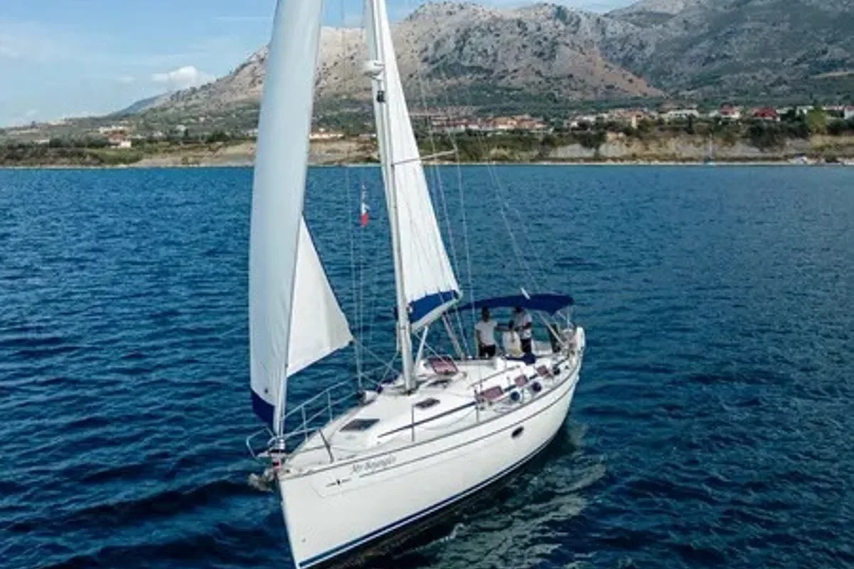Exterior view of Mr Bojangles, a Bavaria 38 sailboat at Municipal Unit of Palairos, Greece