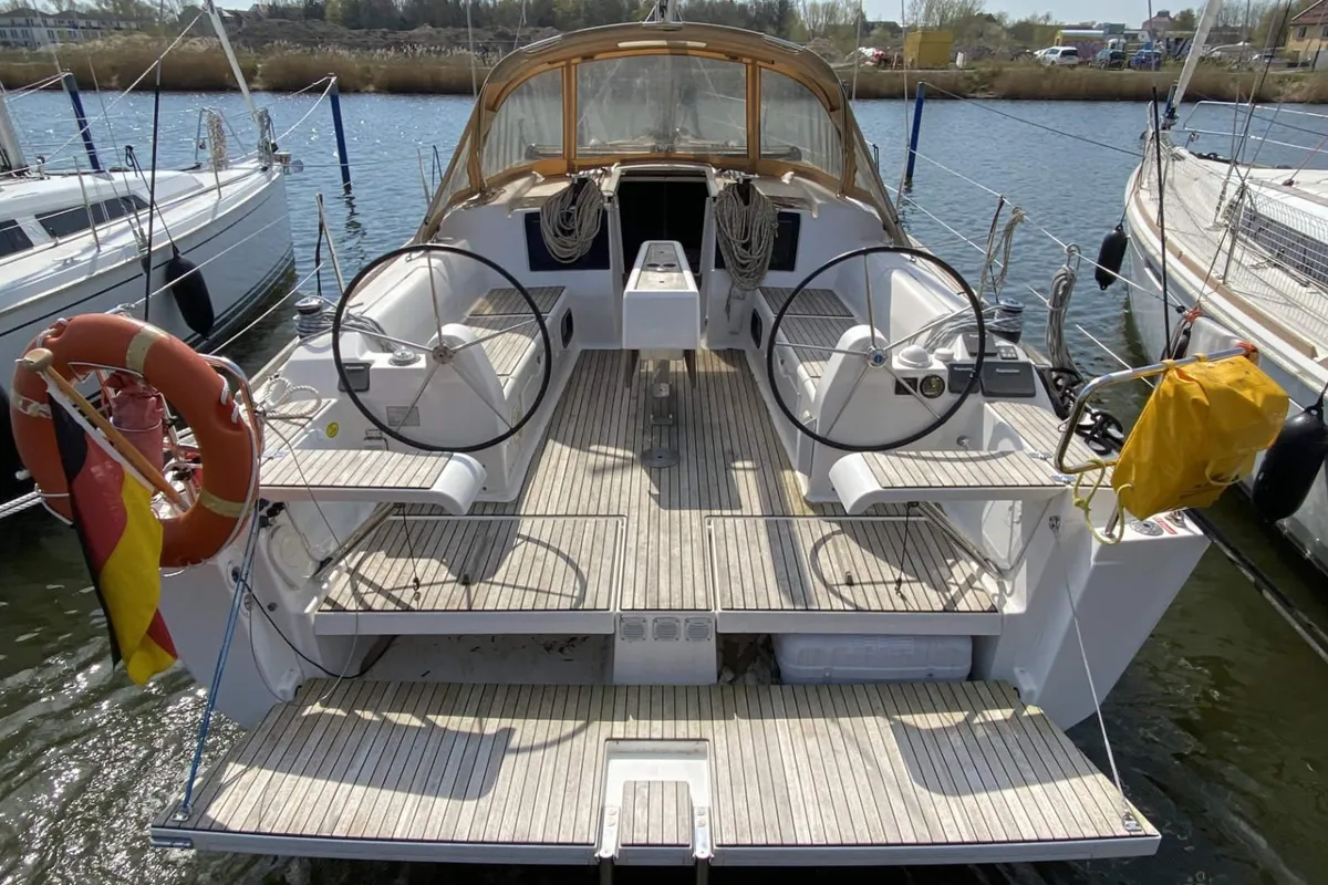 Deck of Freedom, a Dufour 382 GL sailboat at Barth, Germany