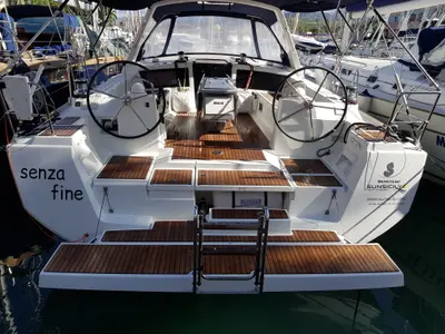 Cockpit of Senza Fine, a Beneteau Oceanis 48 sailboat at Tonnarella, Italy
