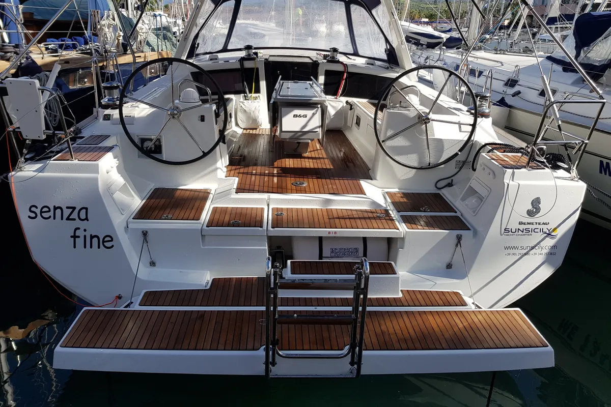 Cockpit of Senza Fine, a Beneteau Oceanis 48 sailboat at Tonnarella, Italy