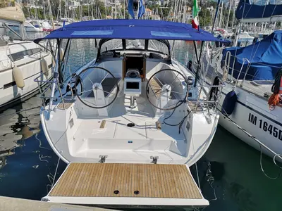 Deck of Carlotta, a Bavaria 41 Cruiser sailboat at Vibo Valentia, Italy