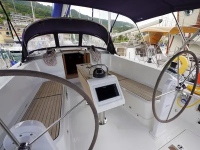 Cockpit of Carlotta, a Bavaria 41 Cruiser sailboat at Vibo Valentia, Italy