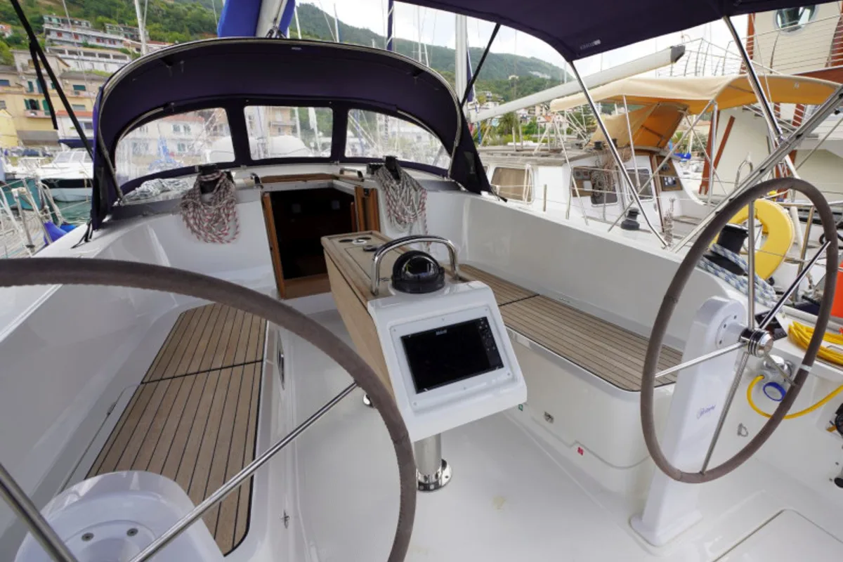 Cockpit of Carlotta, a Bavaria 41 Cruiser sailboat at Vibo Valentia, Italy