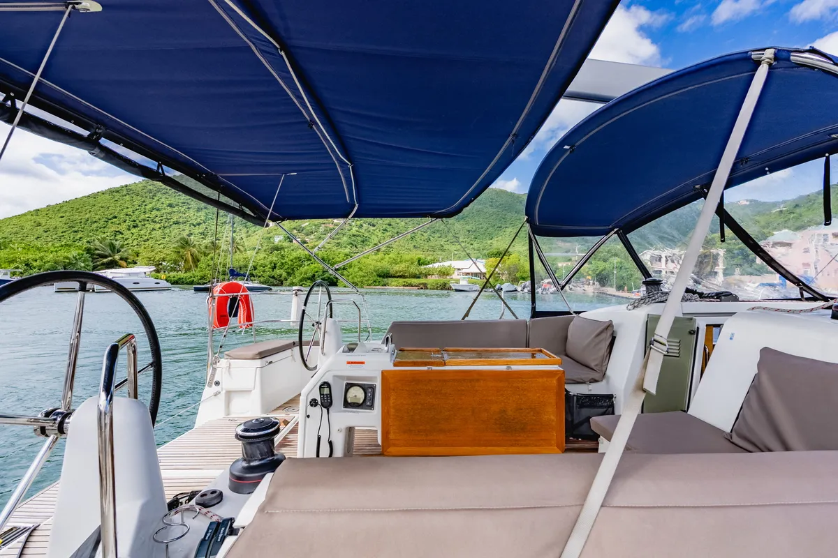 Cockpit of Hakuna Matata IV, a Jeanneau Sun Odyssey 490 sailboat at Road Town, British Virgin Islands