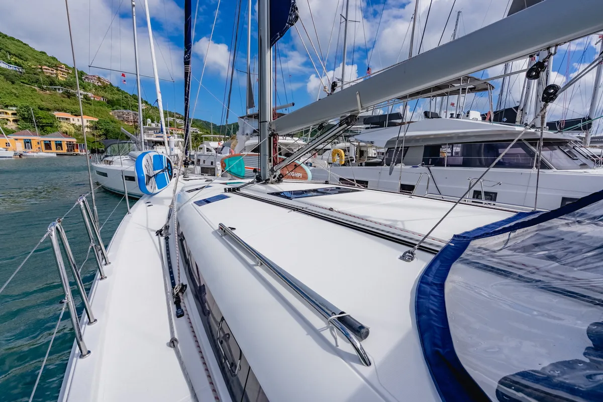 Deck of Hakuna Matata IV, a Jeanneau Sun Odyssey 490 sailboat at Road Town, British Virgin Islands