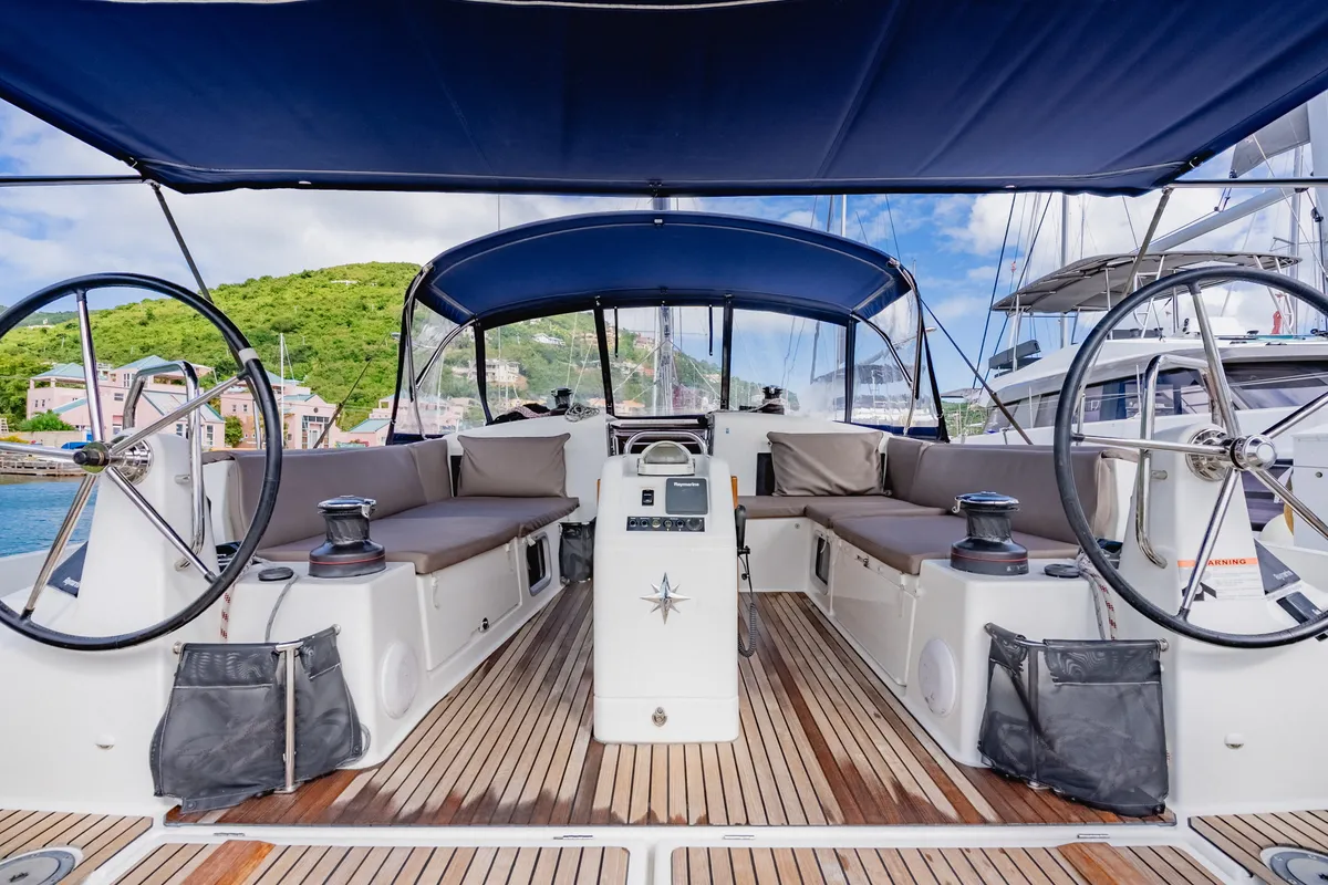 Cockpit of Hakuna Matata IV, a Jeanneau Sun Odyssey 490 sailboat at Road Town, British Virgin Islands