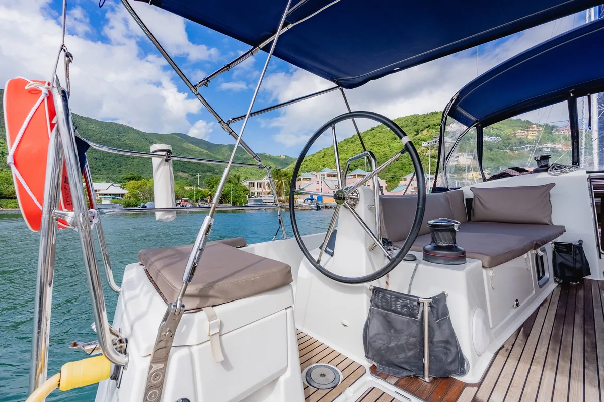 Cockpit of Hakuna Matata IV, a Jeanneau Sun Odyssey 490 sailboat at Road Town, British Virgin Islands
