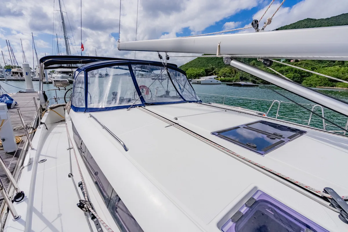 Deck of Hakuna Matata IV, a Jeanneau Sun Odyssey 490 sailboat at Road Town, British Virgin Islands