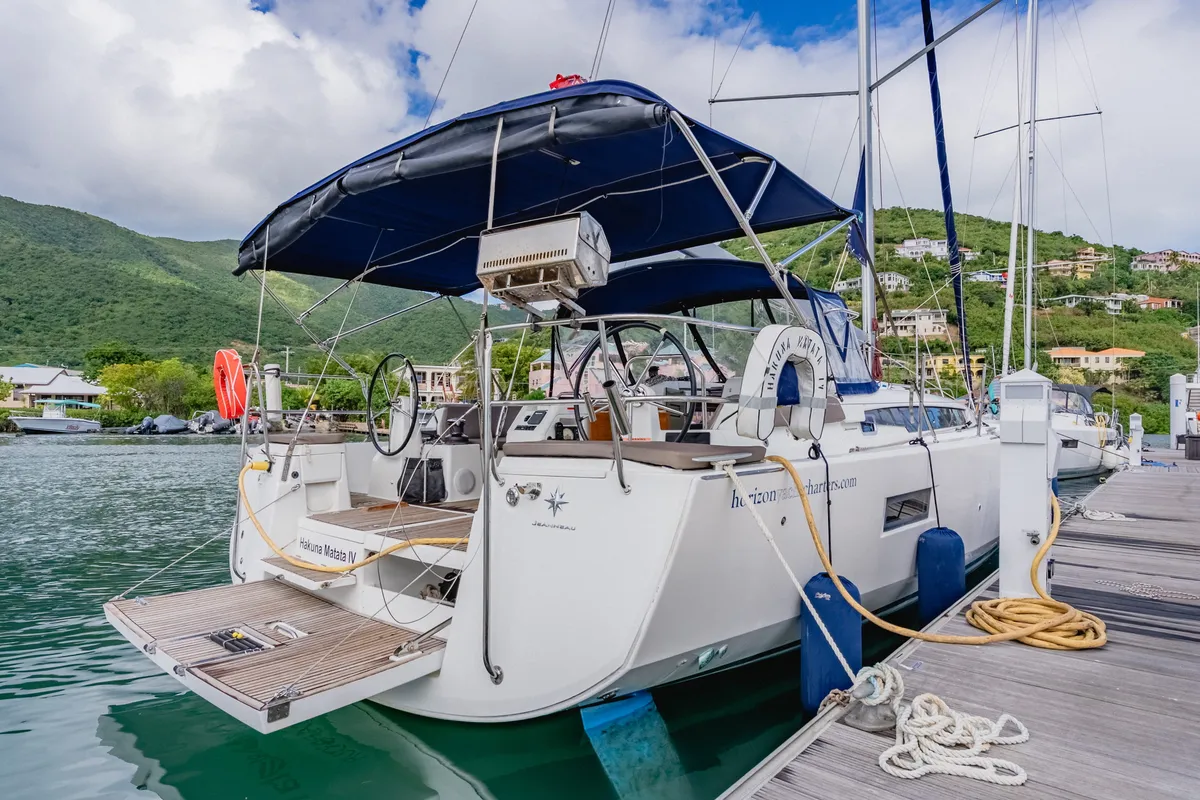 Exterior view of Hakuna Matata IV, a Jeanneau Sun Odyssey 490 sailboat at Road Town, British Virgin Islands