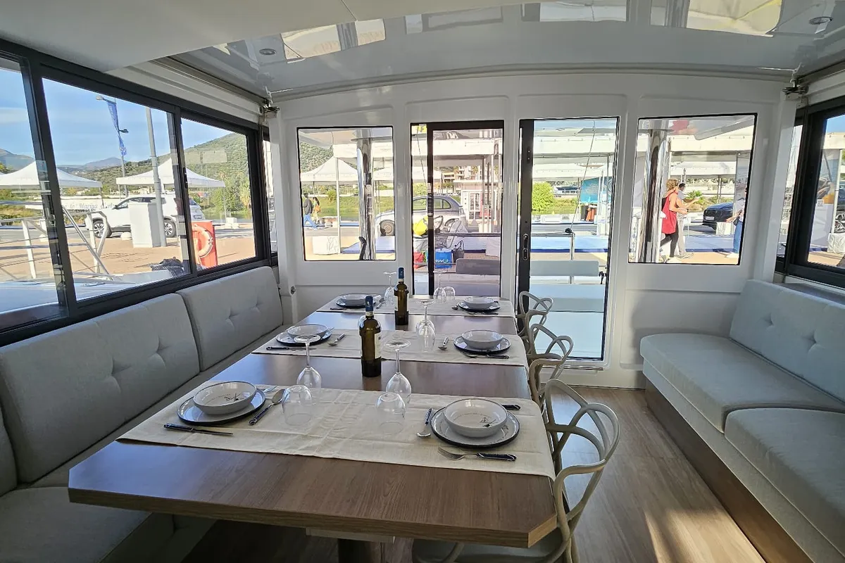 Salon of Agatirno, a Bali 4.8 catamaran at Salerno, Italy