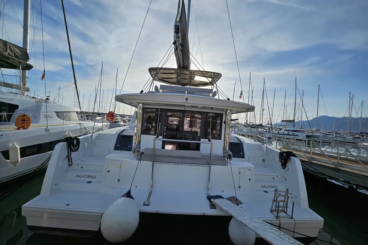Exterior view of Agatirno, a Bali 4.8 catamaran at Salerno, Italy
