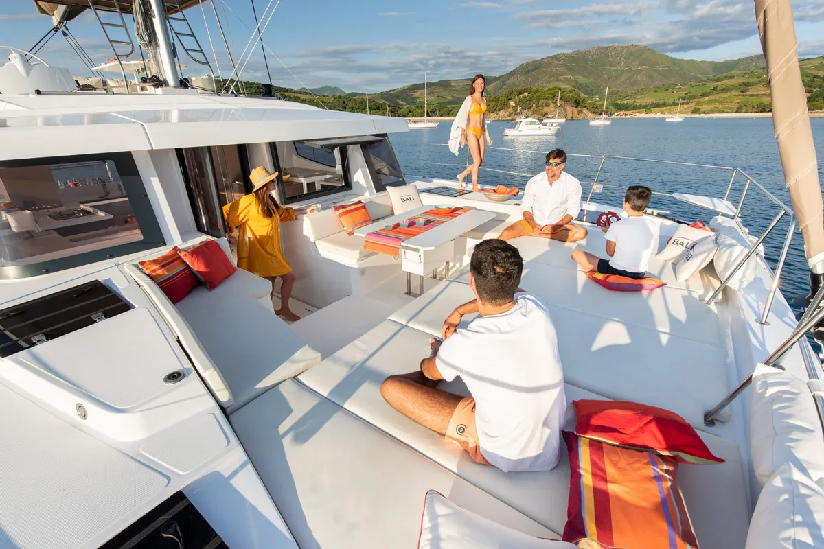 Exterior view of Agatirno, a Bali 4.8 catamaran at Salerno, Italy
