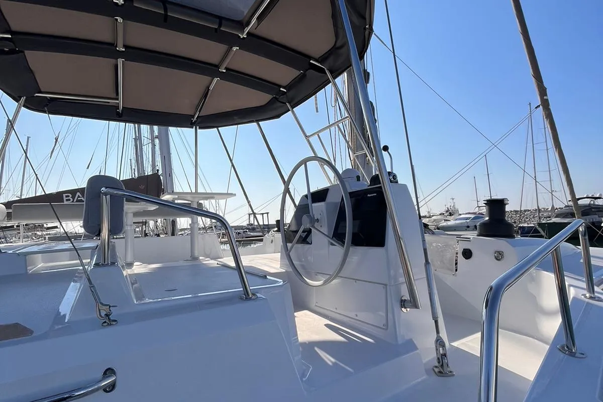 Cockpit of Agatirno, a Bali 4.8 catamaran at Salerno, Italy