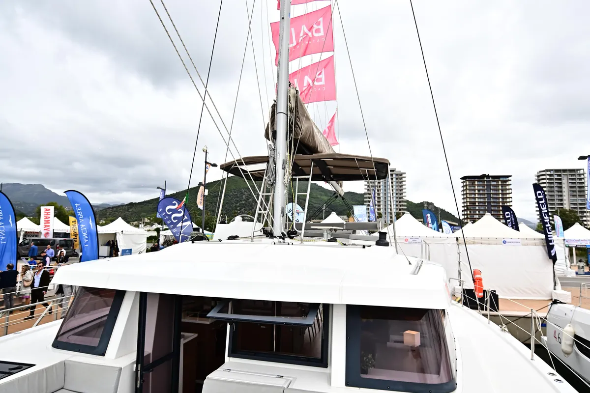 Deck of Agatirno, a Bali 4.8 catamaran at Salerno, Italy