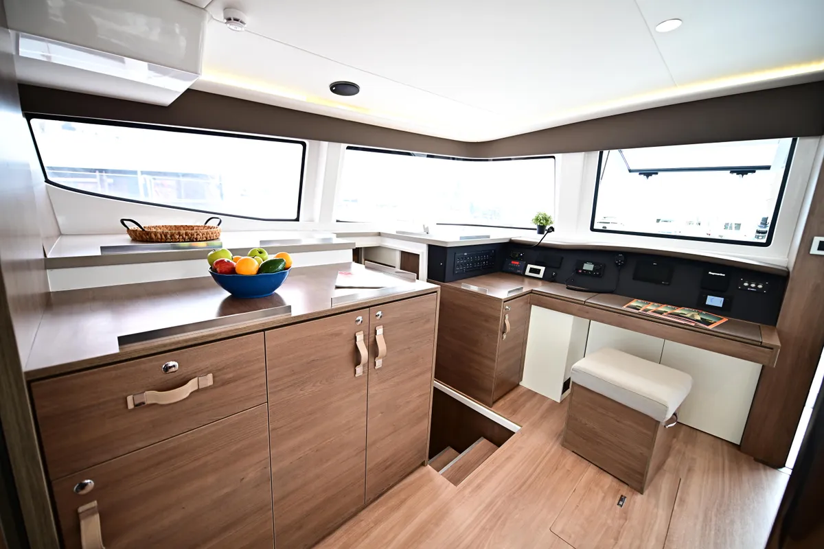 Cockpit of Agatirno, a Bali 4.8 catamaran at Salerno, Italy