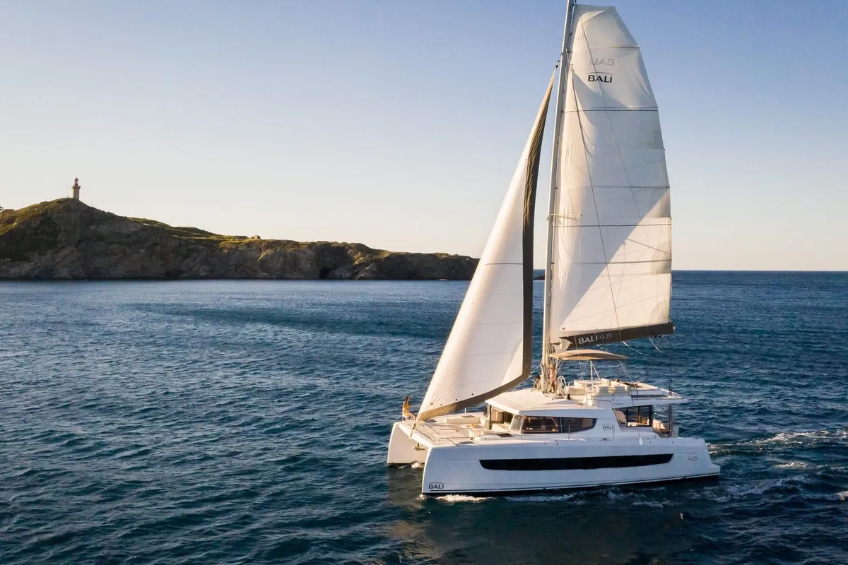 Exterior view of Agatirno, a Bali 4.8 catamaran at Salerno, Italy