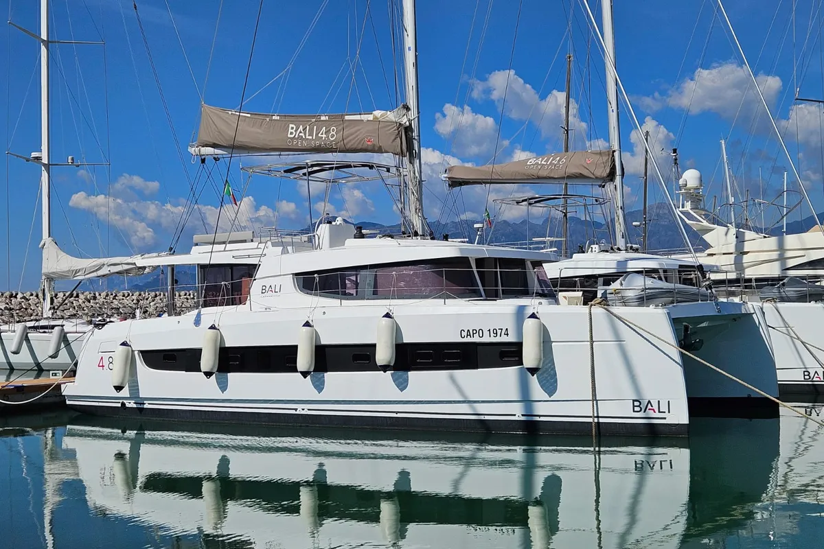 Exterior view of Agatirno, a Bali 4.8 catamaran at Salerno, Italy