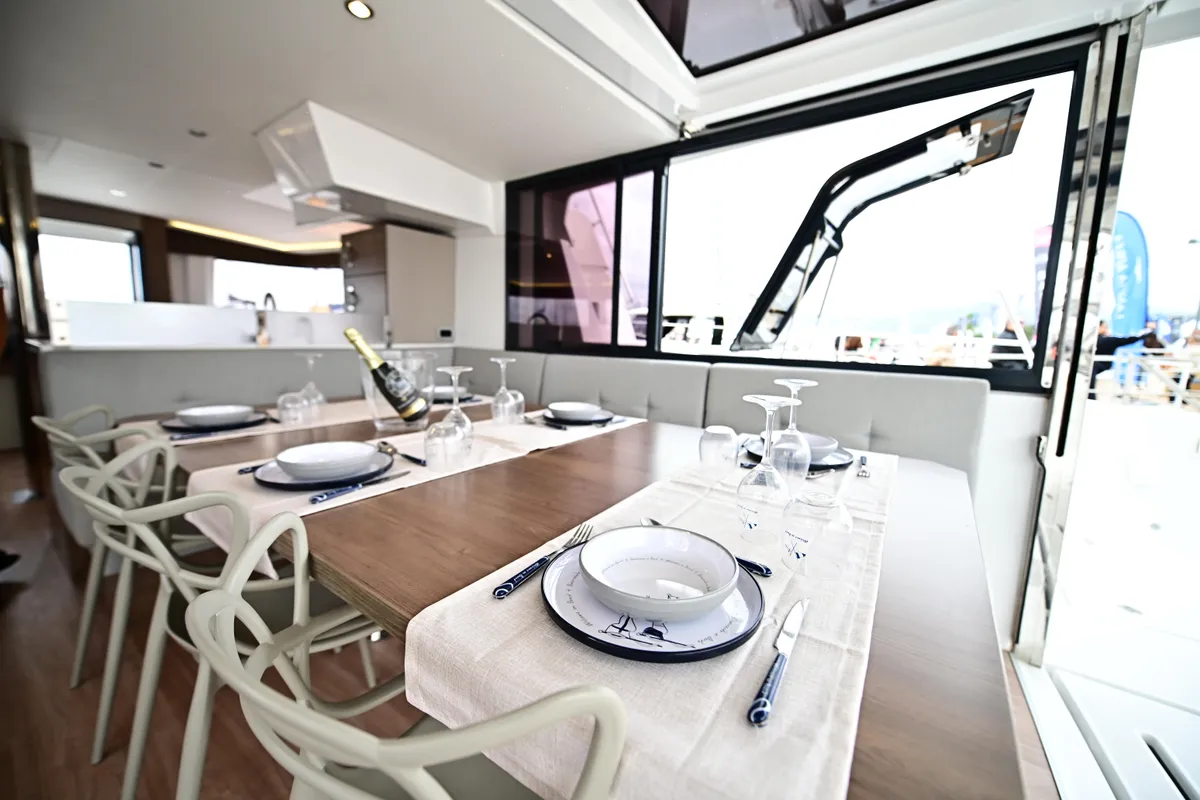 Salon of Agatirno, a Bali 4.8 catamaran at Salerno, Italy