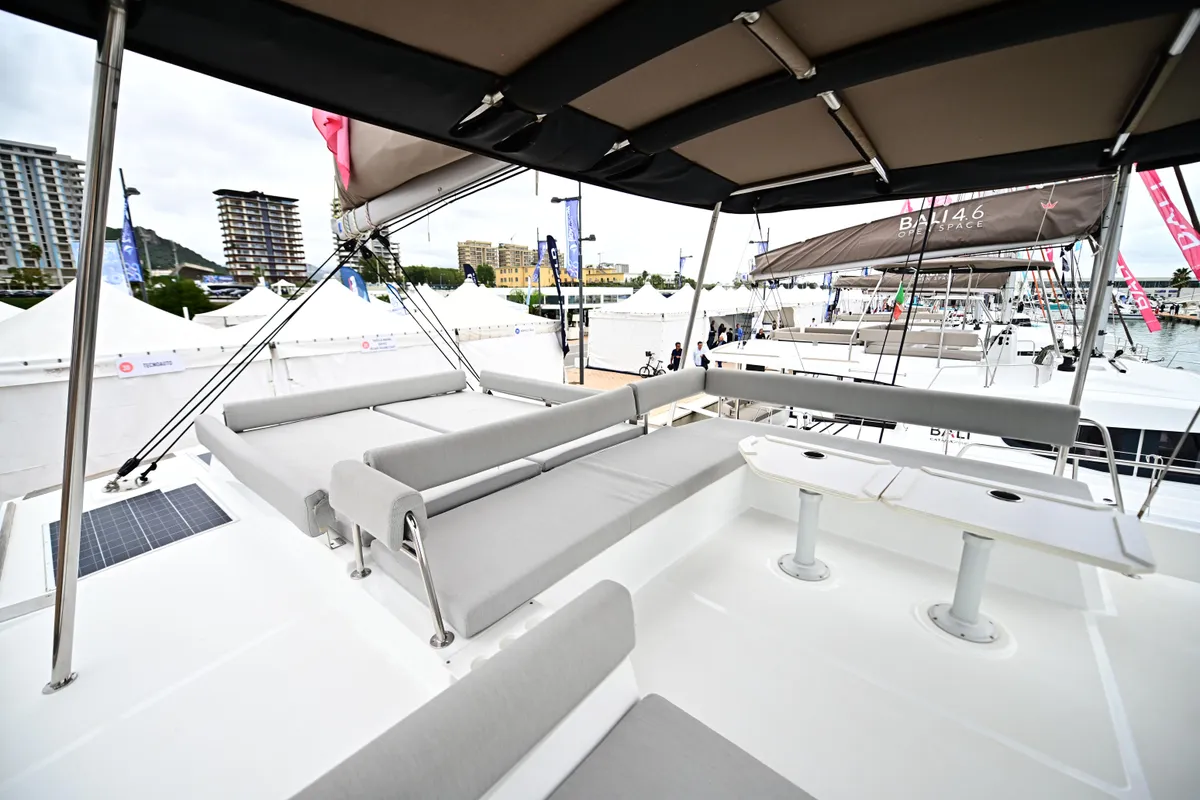 Cockpit of Agatirno, a Bali 4.8 catamaran at Salerno, Italy