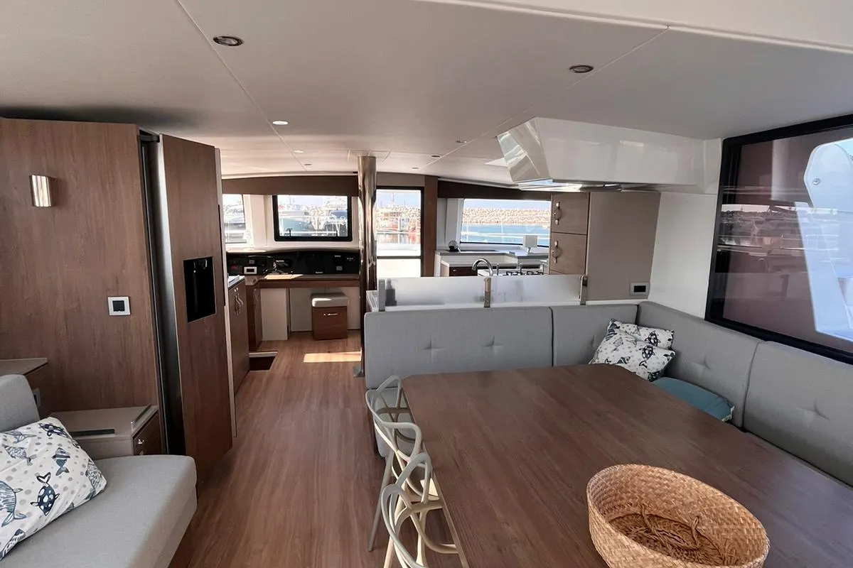 Salon of Agatirno, a Bali 4.8 catamaran at Salerno, Italy