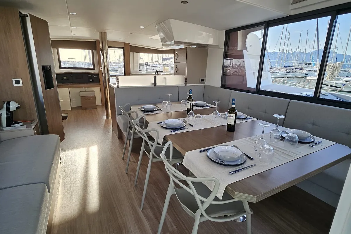Salon of Agatirno, a Bali 4.8 catamaran at Salerno, Italy