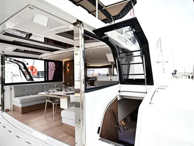 Salon of Agatirno, a Bali 4.8 catamaran at Salerno, Italy