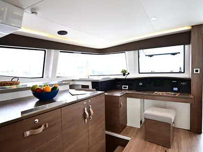 Cockpit of Agatirno, a Bali 4.8 catamaran at Salerno, Italy