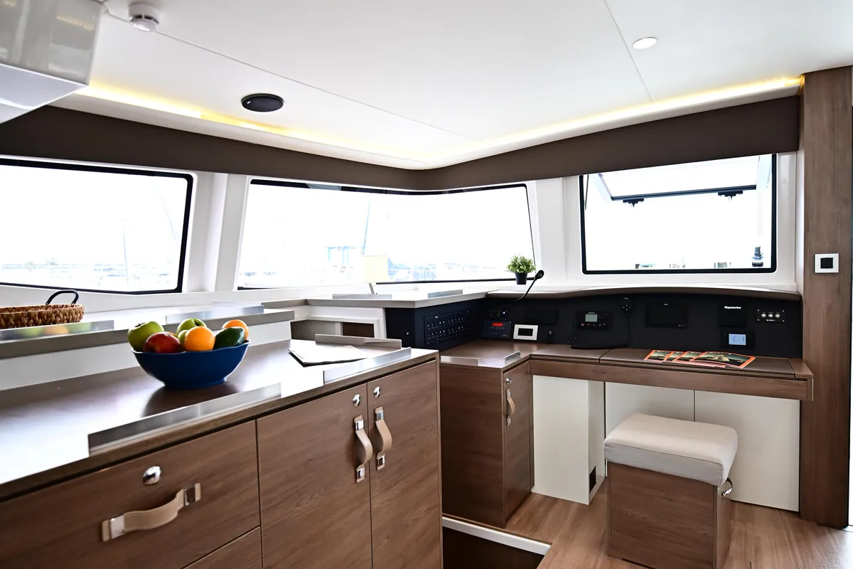 Cockpit of Agatirno, a Bali 4.8 catamaran at Salerno, Italy