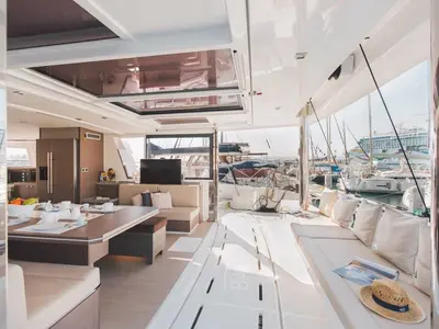 Salon of Elena, a Bali 5.4 catamaran at Capo d'Orlando, Italy