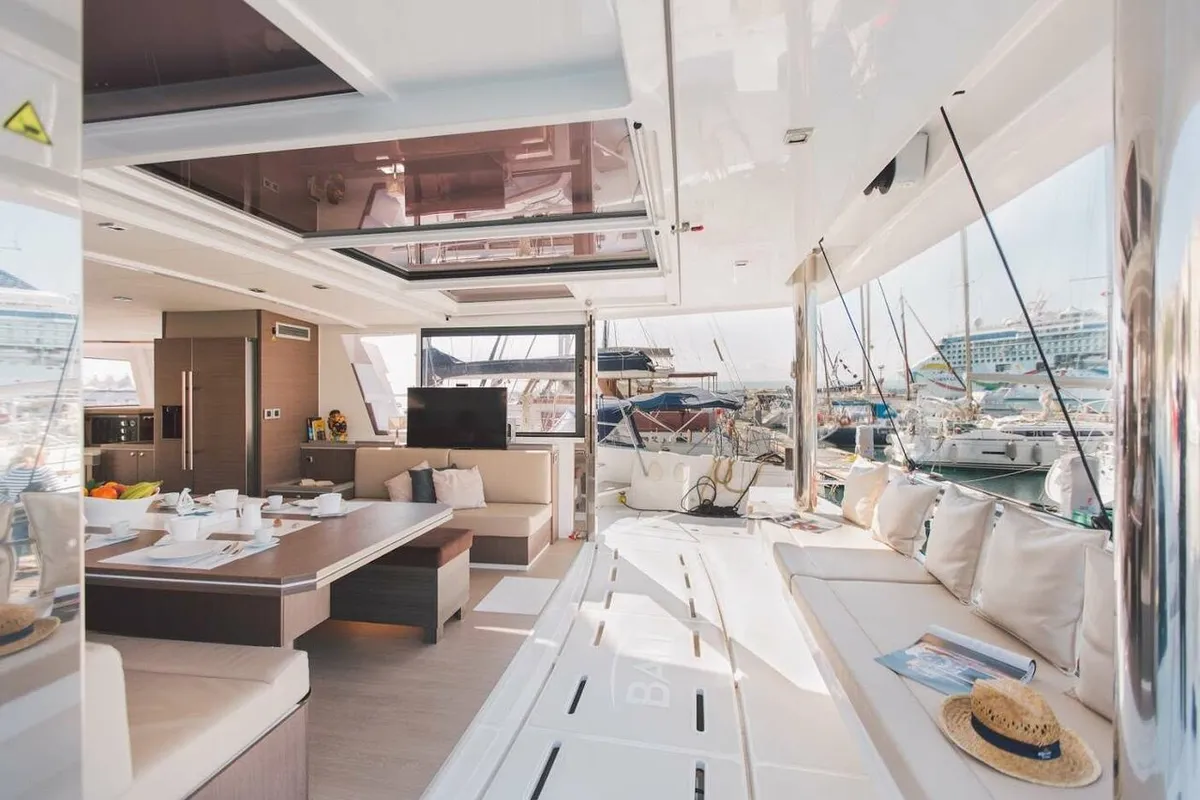 Salon of Elena, a Bali 5.4 catamaran at Capo d'Orlando, Italy