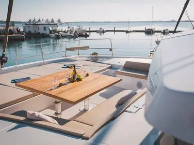 Deck of Elena, a Bali 5.4 catamaran at Capo d'Orlando, Italy