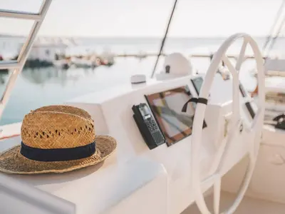 Cockpit of Elena, a Bali 5.4 catamaran at Capo d'Orlando, Italy