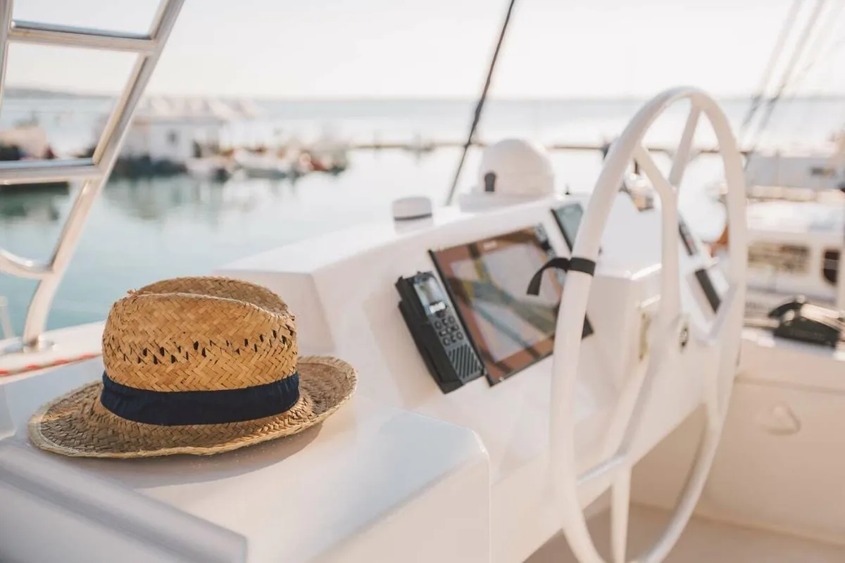 Cockpit of Elena, a Bali 5.4 catamaran at Capo d'Orlando, Italy