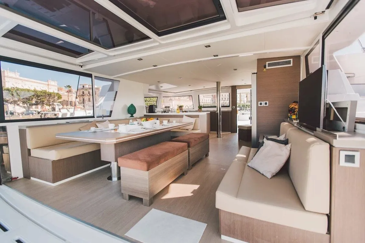 Salon of Elena, a Bali 5.4 catamaran at Capo d'Orlando, Italy