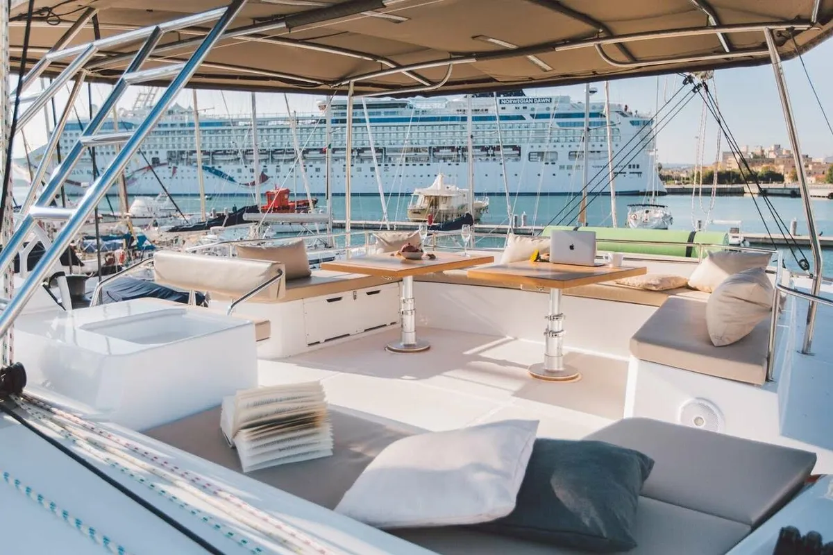 Deck of Elena, a Bali 5.4 catamaran at Capo d'Orlando, Italy