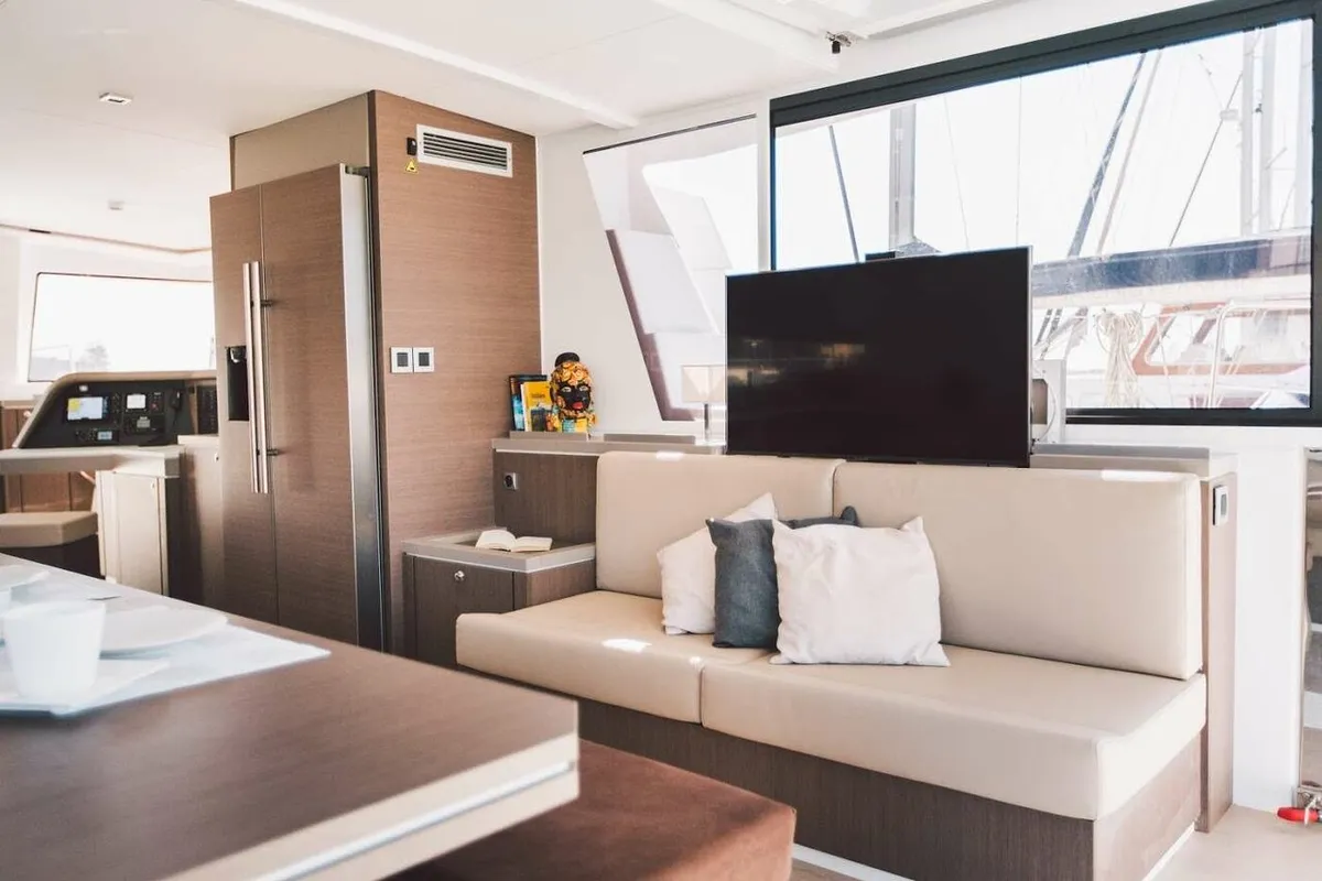 Salon of Elena, a Bali 5.4 catamaran at Capo d'Orlando, Italy