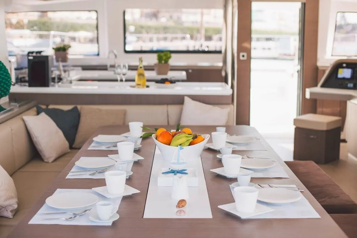 Salon of Elena, a Bali 5.4 catamaran at Capo d'Orlando, Italy