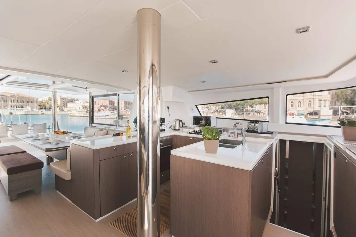 Galley of Elena, a Bali 5.4 catamaran at Capo d'Orlando, Italy
