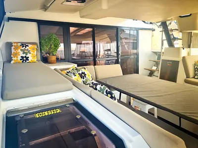 Salon of Penny Lane Green Wave, a Fountaine Pajot Aura 51 catamaran at Athens, Greece