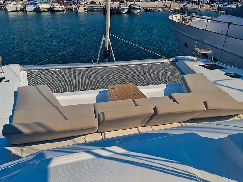 Deck of Penny Lane Green Wave, a Fountaine Pajot Aura 51 catamaran at Athens, Greece