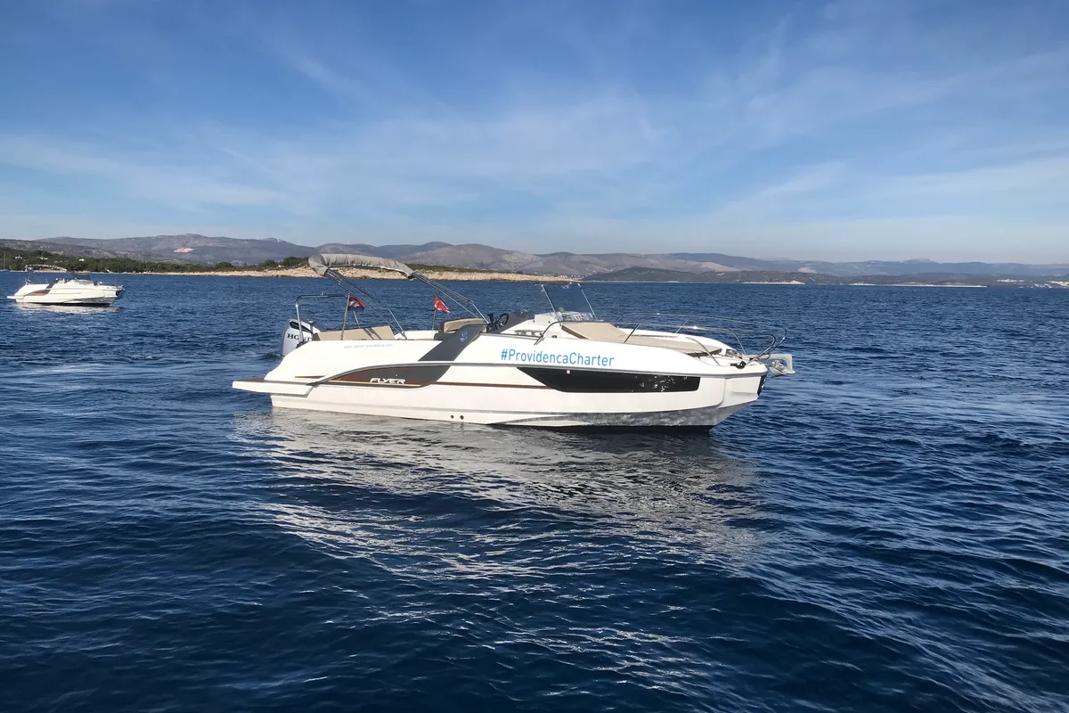 Exterior view of SUNdeck, a Beneteau Flyer 7.7 SUNdeck motorboat at Grad Trogir, Croatia